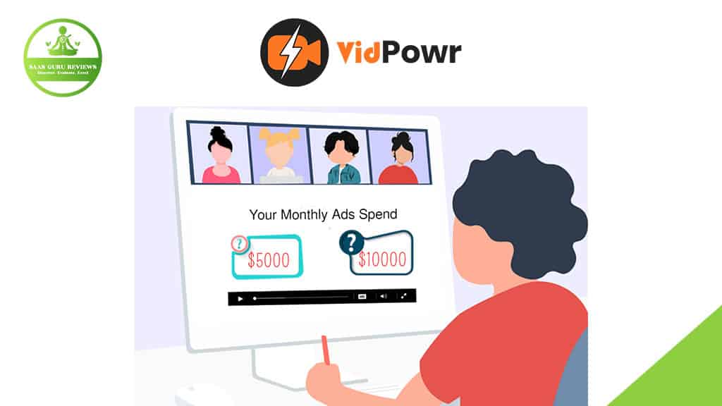 A person sits at a desk viewing a computer screen displaying an Interactive video call with four avatars and a monthly ads spend comparison of $5000 and $10000, all under the VidPowr 2025 logo.