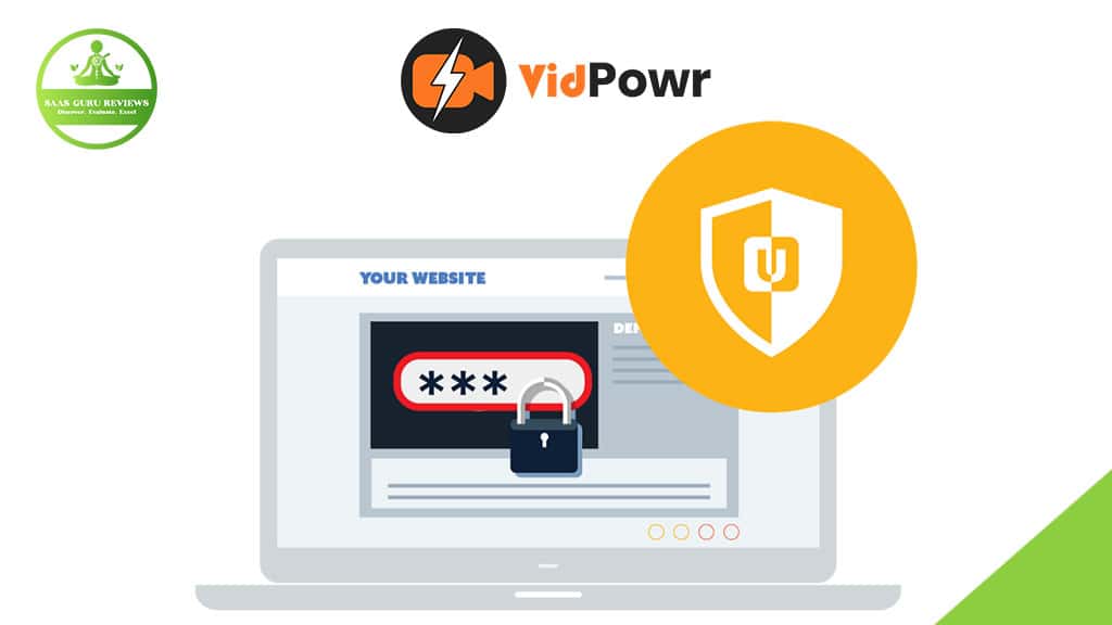 Illustration of a laptop displaying a password entry, padlock, shield icon, and logos for "VidPowr," "Sans Guru Reviews," and "VidPowr 2025"—highlighting secure interactive video experiences.