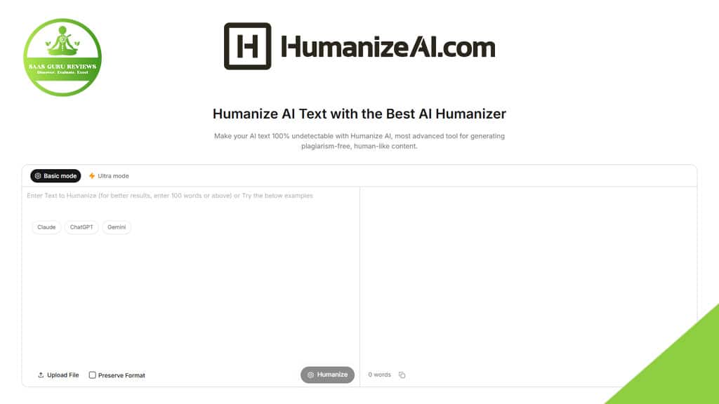 Screenshot of the HumanizeAI.com website homepage, featuring a text box for AI text input, options to choose between "Basic" and "Ultra" modes, and a green "Humanize" button to easily humanize content for more natural content.