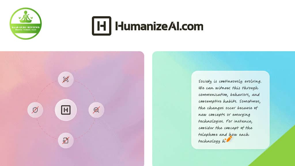 Digital graphic featuring the HumanizeAI.com logo, a SaaS Guru Reviews badge, a network diagram, and a handwritten note about evolving technology and communication powered by Humanize AI and advanced AI content transformation.