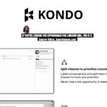Screenshot of the Kondo platform homepage showing logo, tagline, and a feature about splitting inboxes for LinkedIn Inbox Management; includes logos and a testimonial banner.