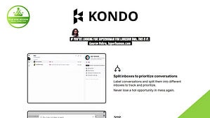 Screenshot of the Kondo platform homepage showing logo, tagline, and a feature about splitting inboxes for LinkedIn Inbox Management; includes logos and a testimonial banner.