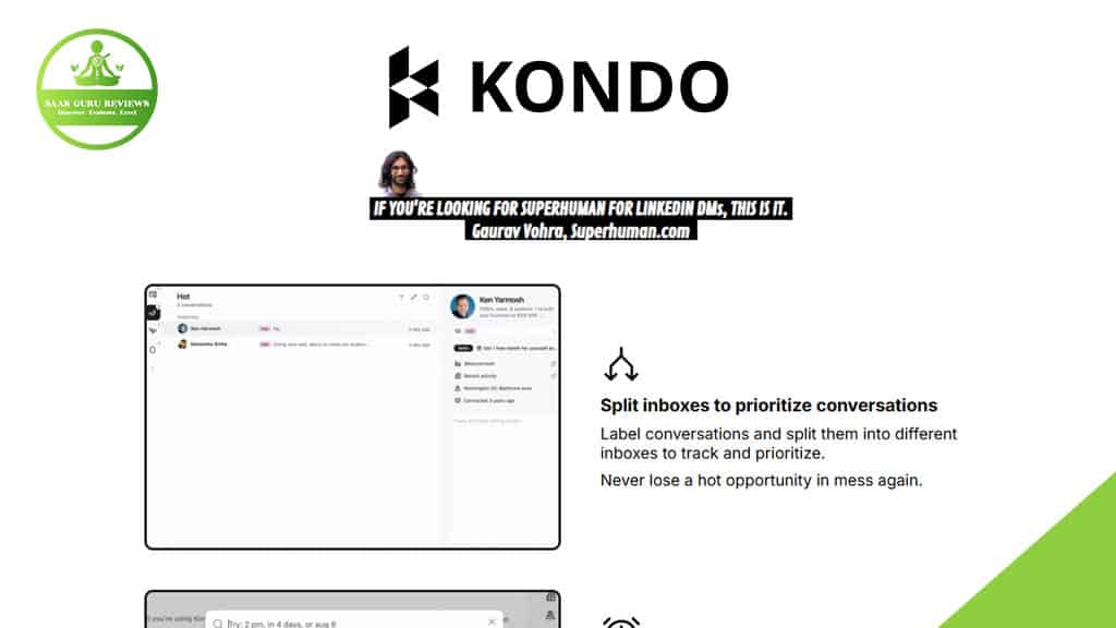 Screenshot of the Kondo platform homepage showing logo, tagline, and a feature about splitting inboxes for LinkedIn Inbox Management; includes logos and a testimonial banner.