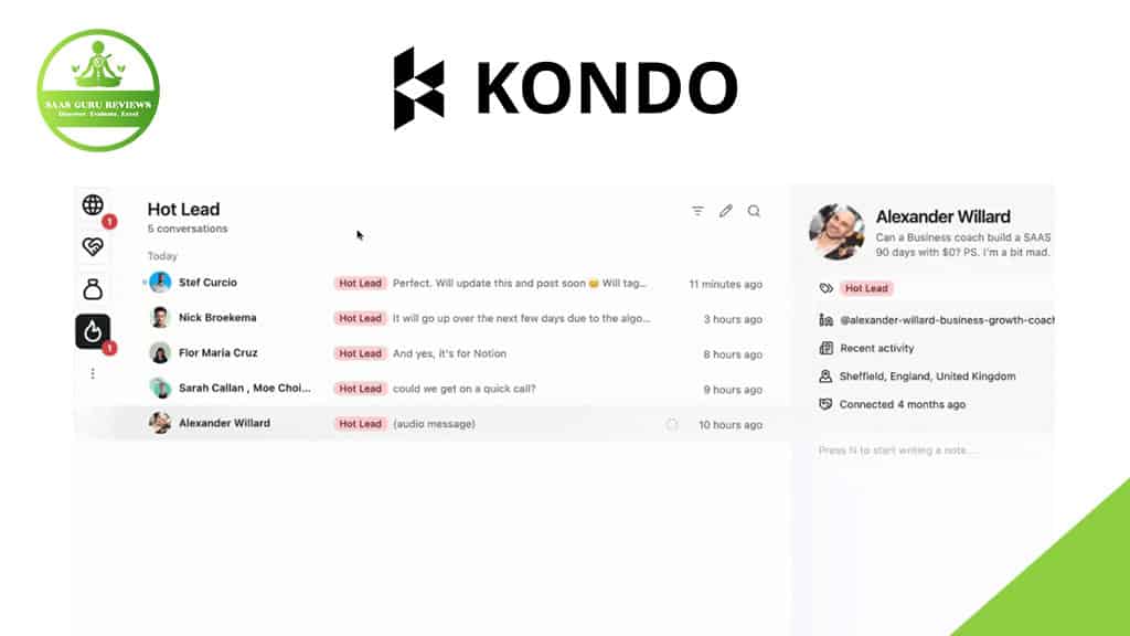 Screenshot of a LinkedIn inbox showcasing five conversations tagged as "Hot Lead" and a user profile for Alexander Willard with contact details on the right, highlighting efficient inbox management.