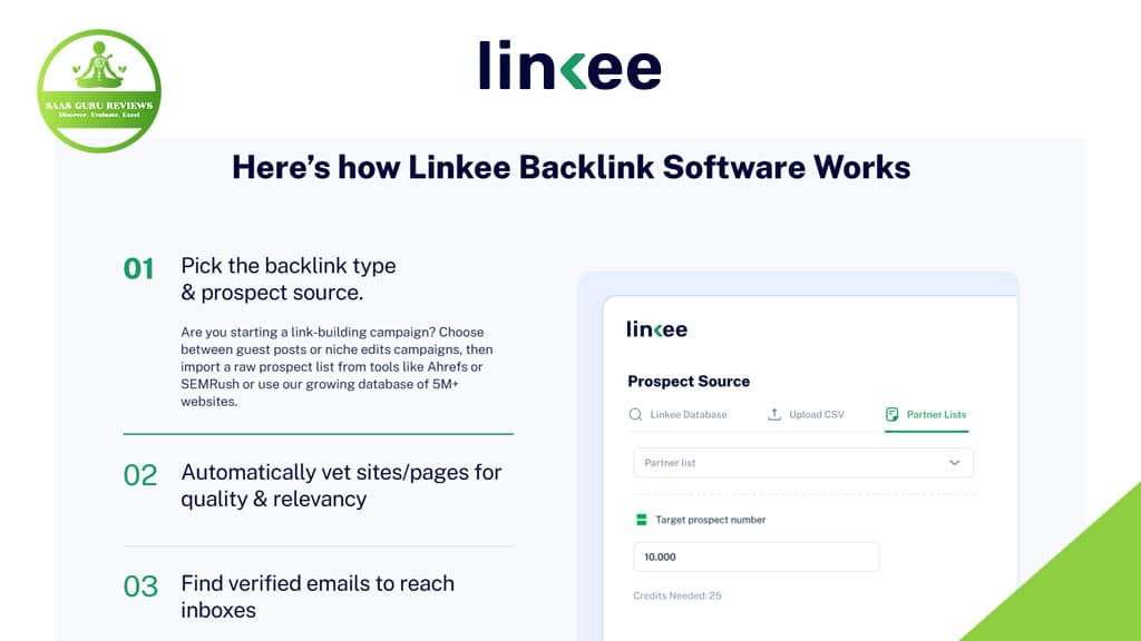 Screenshot showing how Linkee's AI-Powered Backlink Automation streamlines your SEO strategy, with clear steps for picking a prospect source, vetting sites, and finding verified emails.