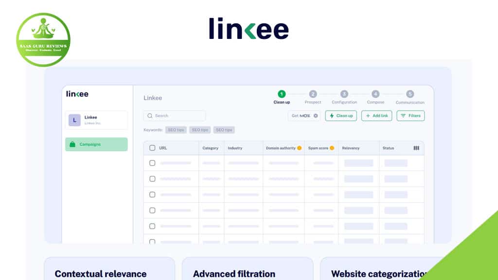 Screenshot of the Linkee web application interface showcasing AI-powered backlink automation tools for campaign management and filtering, with the SaaS Guru Reviews logo in the top left corner.
