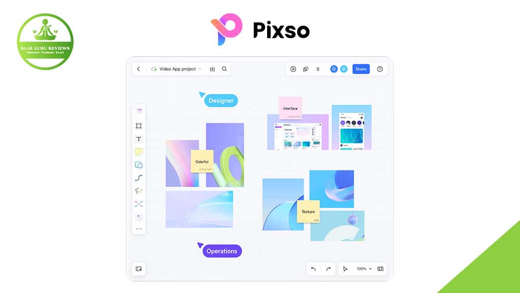 Screenshot of the Pixso UI Design Tool interface, showcasing a digital workspace with labeled sections, vibrant visuals, image thumbnails, and design tools on the left panel—an inspiring look at creative workflows for 2025.