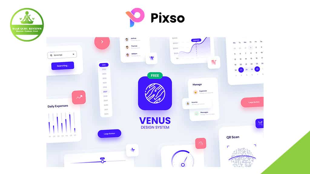 Screenshot of Pixso's VENUS Design System interface, a powerful UI design tool showcasing stunning visuals with charts, buttons, a calendar, and a QR scan feature on a crisp white background.
