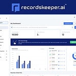 Screenshot of the RecordsKeeper.AI dashboard displaying data storage statistics, a data activity graph, and a sidebar with navigation options for efficient AI-powered automation in record management.