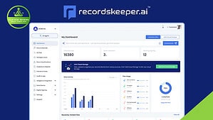 Screenshot of the RecordsKeeper.AI dashboard displaying data storage statistics, a data activity graph, and a sidebar with navigation options for efficient AI-powered automation in record management.