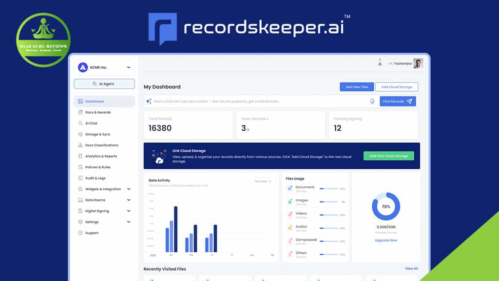 Screenshot of the RecordsKeeper.AI dashboard displaying data storage statistics, a data activity graph, and a sidebar with navigation options for efficient AI-powered automation in record management.