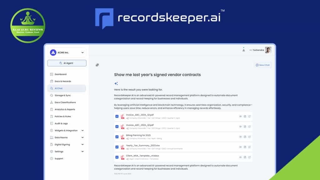 Screenshot of the RecordsKeeper.AI dashboard showing a search for last year's signed vendor contracts, with document results listed on the main screen, highlighting AI-powered record management.