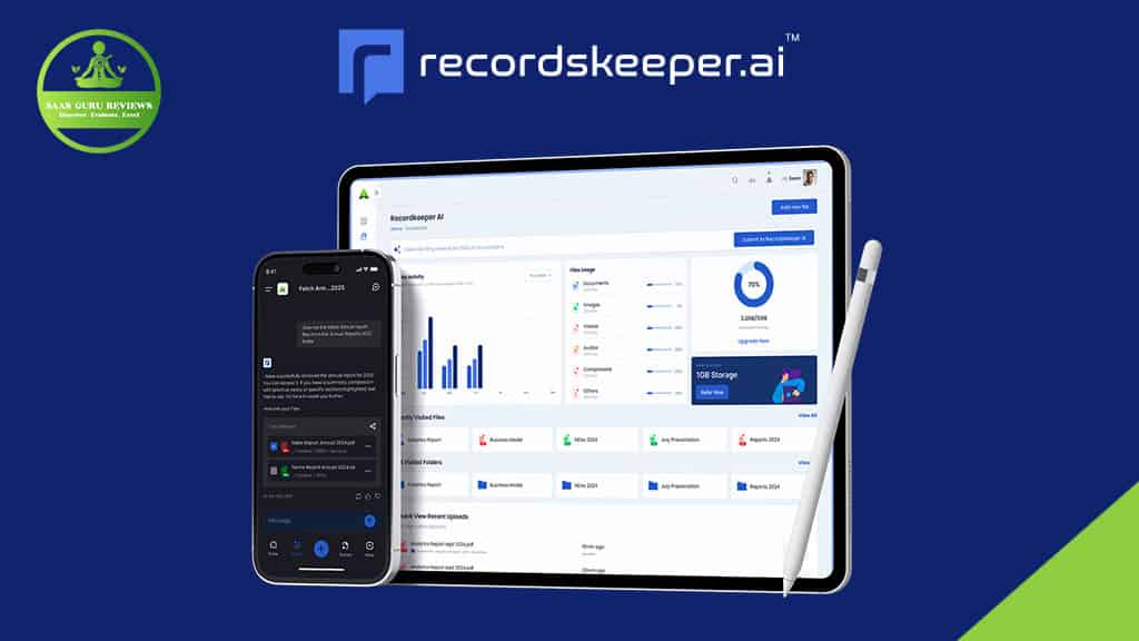 A tablet and smartphone display the RecordsKeeper.AI interface on a blue background, highlighting AI-powered automation for record management. A stylus and SaaS Guru Reviews logo are also visible.