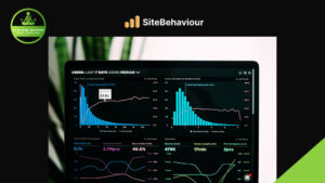 A computer screen displays various analytics charts and graphs under the heading "SiteBehaviour," showcasing cookie-less analytics for marketers 2025, and providing a Google Analytics alternative to track website user data and statistics.