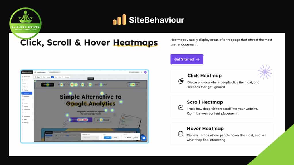 Screenshot of a webpage for SiteBehaviour, a cookie-less alternative to Google Analytics, offering click, scroll, and hover heatmaps with a demonstration image and brief descriptions—an essential tool for privacy-conscious marketers.