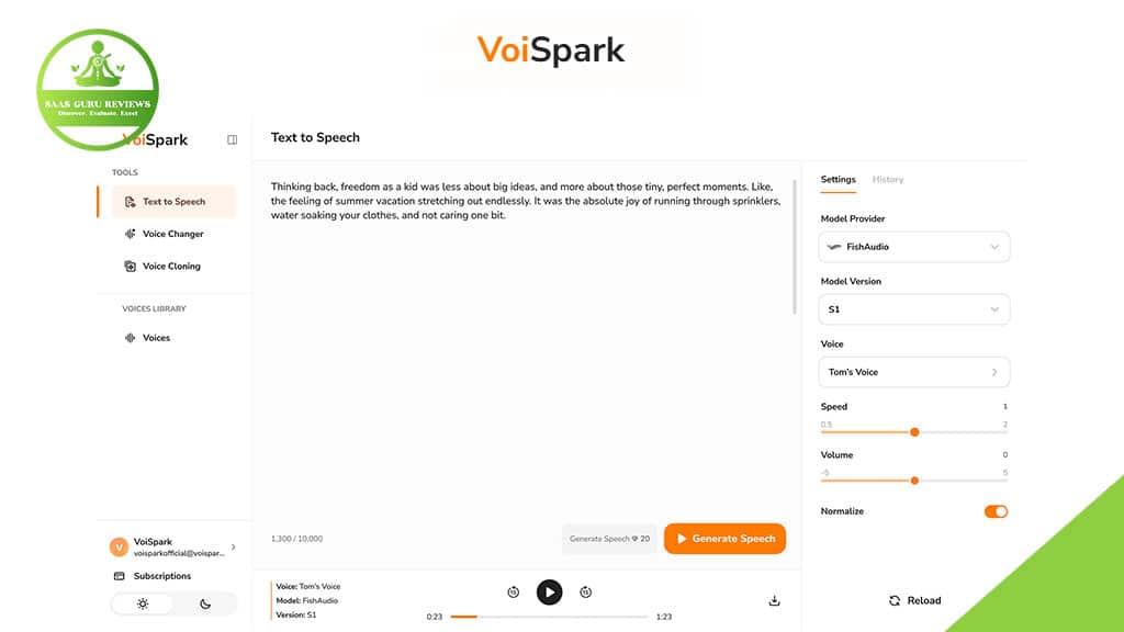 Screenshot of the VoiSpark AI Voice Generator interface, featuring input text, voice settings options, and a generate speech button on a sleek white and orange-themed Text-to-Speech dashboard.