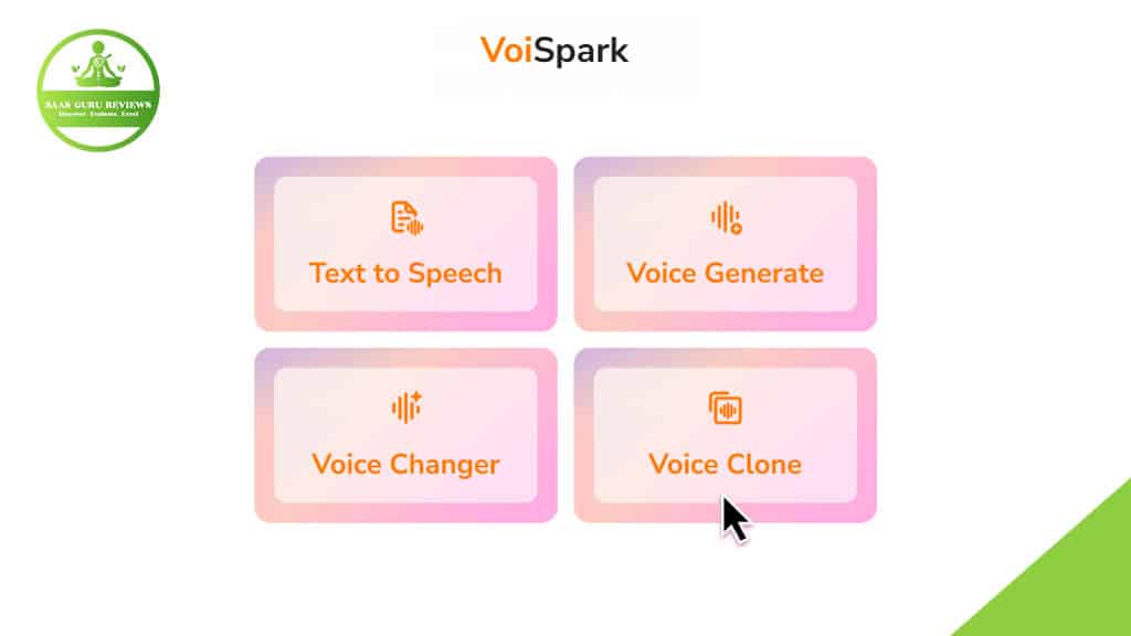 A cursor points to the "Voice Clone" button on a VoiSpark interface, which also features options like Text-to-Speech, AI Voice Generator, and Voice Changer.
